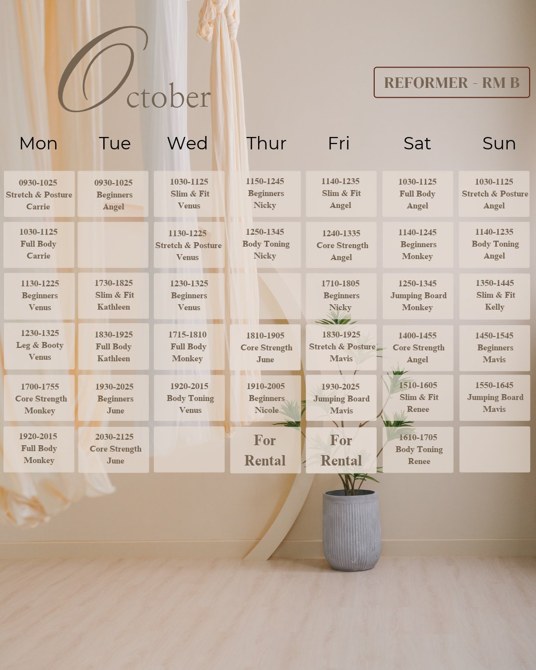 Lai Chi Kok Reformer Room B October timetable