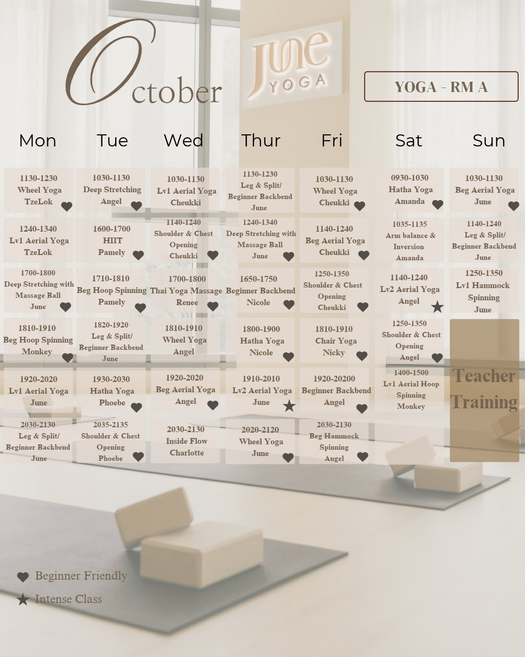 Lai Chi Kok Yoga Room A October timetable
