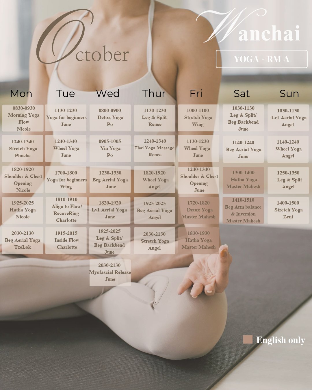 Wan Chai Yoga Room A October timetable